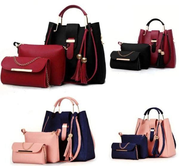 3 Pcs Women’s Leather Plain Hand Bag Set For Women Fashionable New Style Bags Shoulder Bag, Cross Body Bag & Hand Bag Set