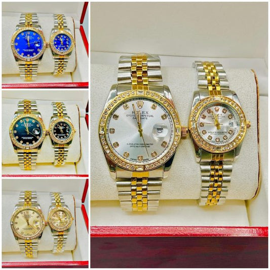 Aa1 Rolex Diamond Cut Stone Couple Watch Two Tone Watch With Chain Strap (silver + Golden)