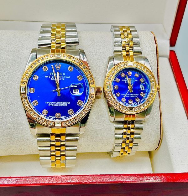 Aa1 Rolex Diamond Cut Stone Couple Watch Two Tone Watch With Chain Strap (silver + Golden)