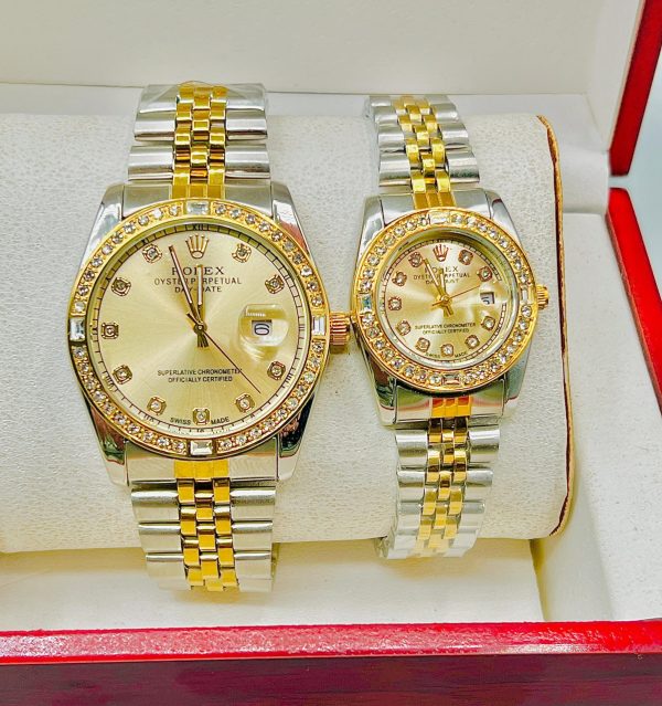 Aa1 Rolex Diamond Cut Stone Couple Watch Two Tone Watch With Chain Strap (silver + Golden)