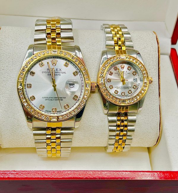 Aa1 Rolex Diamond Cut Stone Couple Watch Two Tone Watch With Chain Strap (silver + Golden)