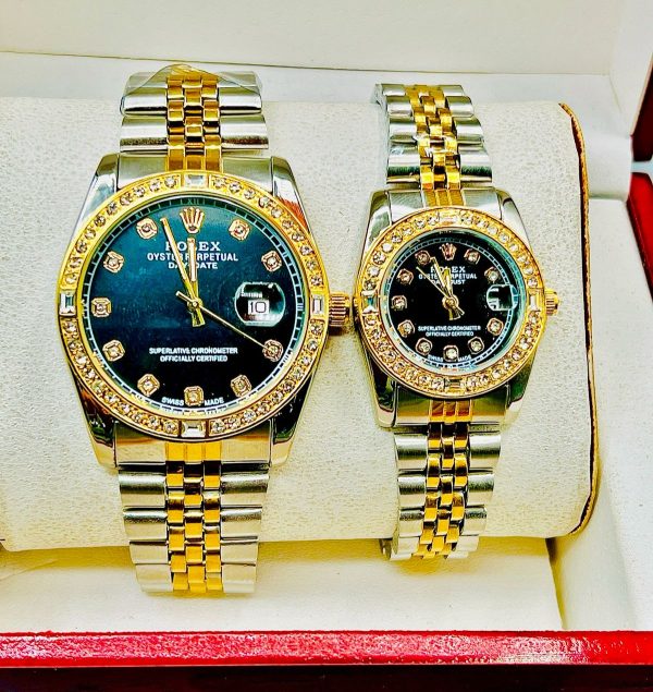 Aa1 Rolex Diamond Cut Stone Couple Watch Two Tone Watch With Chain Strap (silver + Golden)